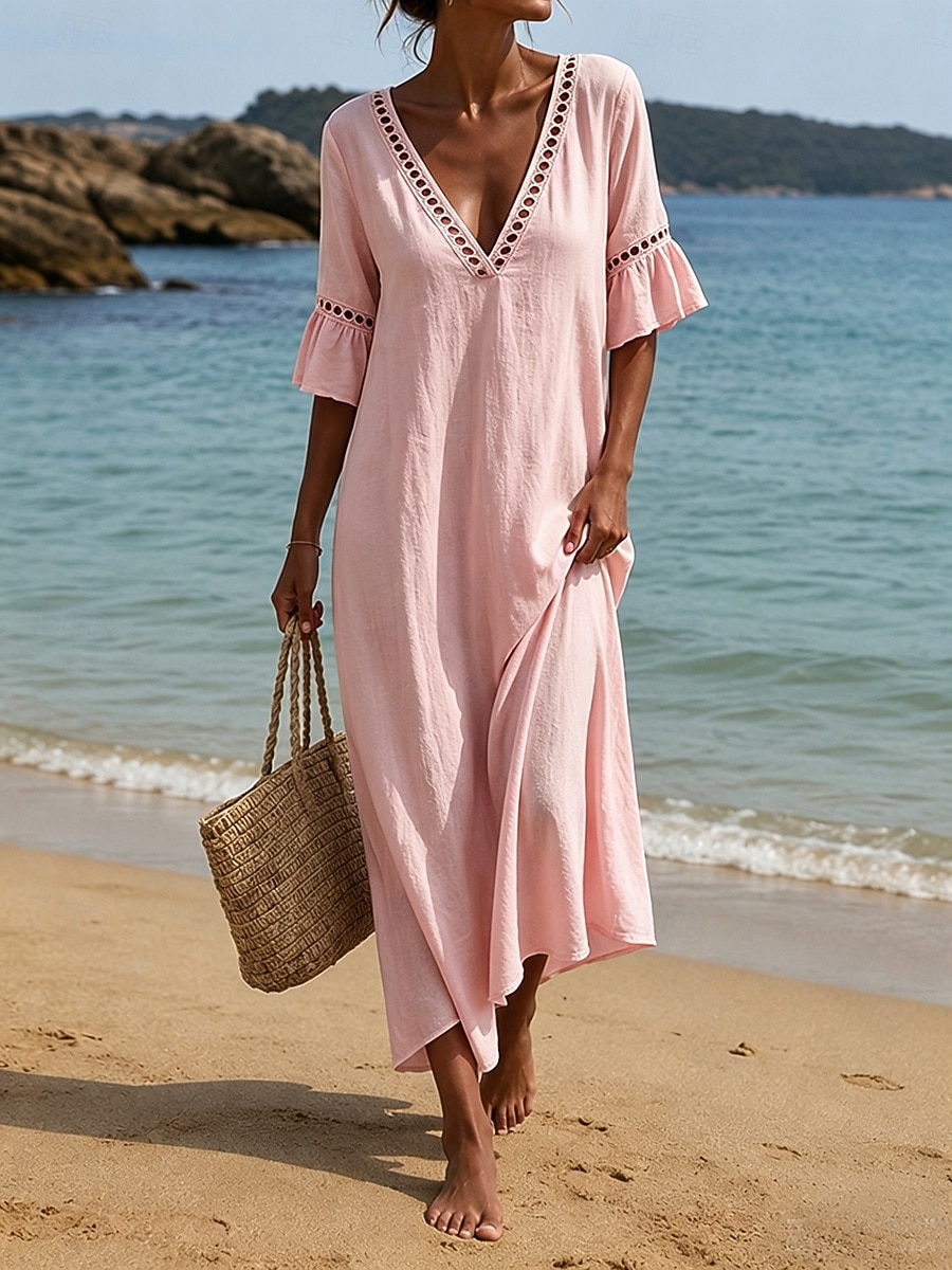 Women's Midi Dress Boho Dress Sundress Casual Dress Elegant Fashion Modern Outdoor Vacation Going out Loose Fit Plain Half Sleeve V Neck Blue Khaki White Pink Summer Spring 2026 - $21.99 –P5