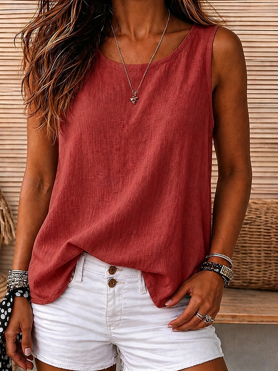 Mujer Camiseta sin mangas Plano Vintage Sin Mangas Escote Redondo Tops regulares Casual Rojo óxido Negro Blanco Amarillo Azul cielo Verano Primavera 2026 - $14.49 –P17