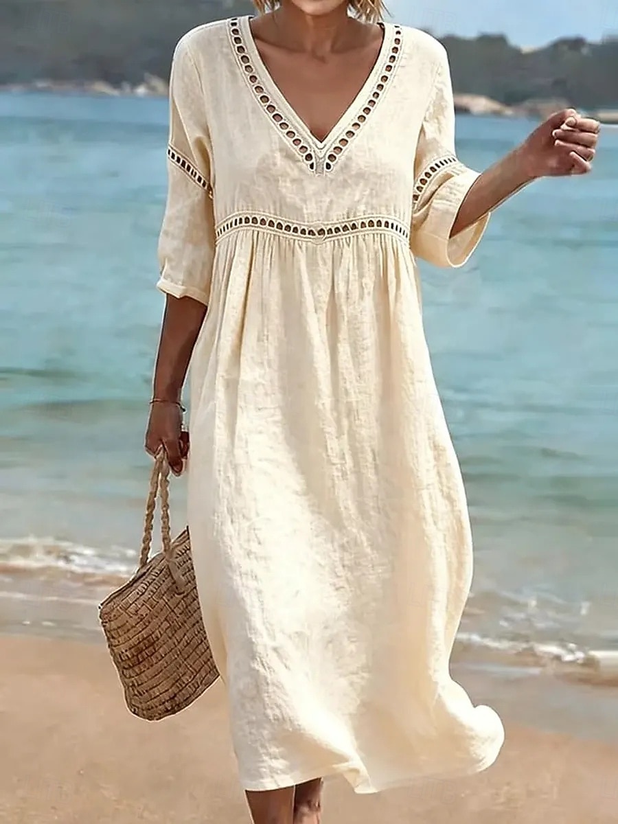Women's Long Dress Maxi Dress Sundress Elegant Vacation Beach Holiday Loose Fit Solid Color Half Sleeve V Neck Light Blue Denim Blue turmeric off white Summer Spring 2026 - $27.99 –P8