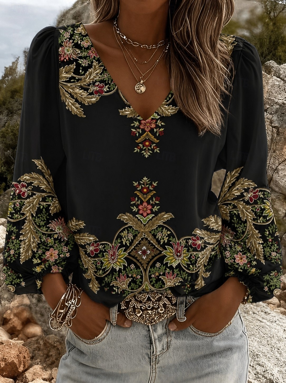 Femmes Chemise Fleuri Graphique Géométrique Bohème Vacances ancien manche longue Col en V Hauts Réguliers Occasionnel Quotidien Fête Noir Été Printemps de 2026 ? $32.99 –P1