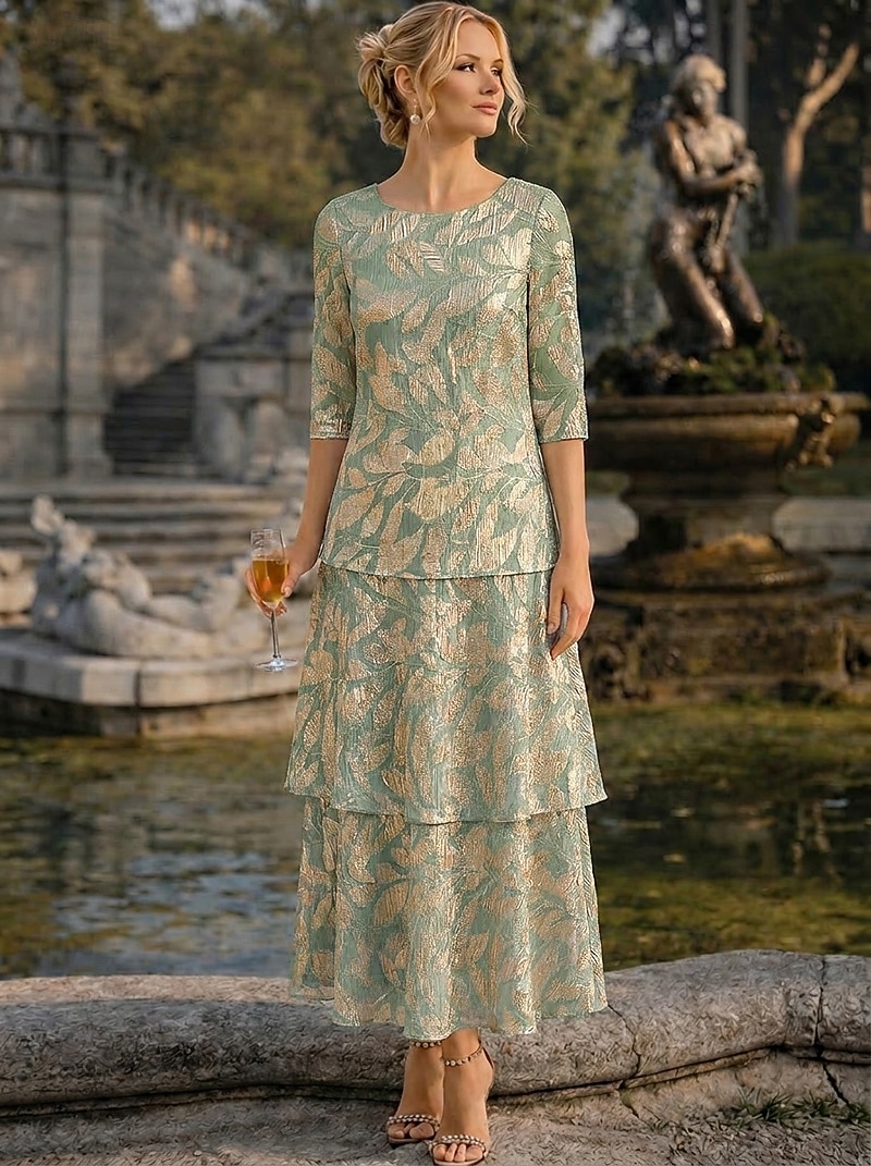 Corte A Hasta el Tobillo Vestido Invitada Boda Vestido de Madrina Media Manga Camiseta con cuello redondo Elegante Formal Semi-formal Doblado Jersey con Estampado flor Plisado Volantes 2026 - $171.99 –P1