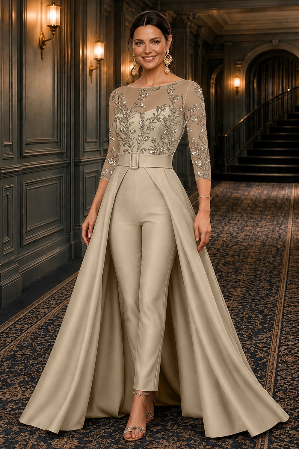 Tuta Completo Pantalone Lunghezza alla caviglia Abito da cerimonia per signora Manica 3/4 Scollo a Barca Elegante Formale Ospite di nozze Semi-Formale Pizzo Crepe Elasticizzato con Perline Paillettes del 2026 a $194.99 –P1