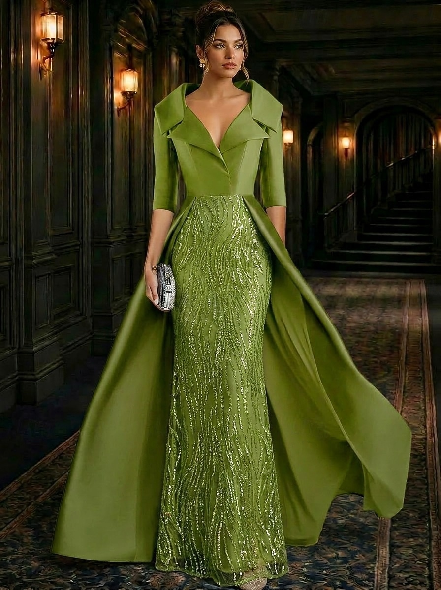 Corte A Hasta el Suelo Bordado con cuentas Vestido formal Vestido de madre de la novia Vestidos de noche Vestido de baile con sobrefalda Vestimenta formal Elegante Sedoso Manga 3/4 Cuello Camisero 2026 - $182.99 –P1