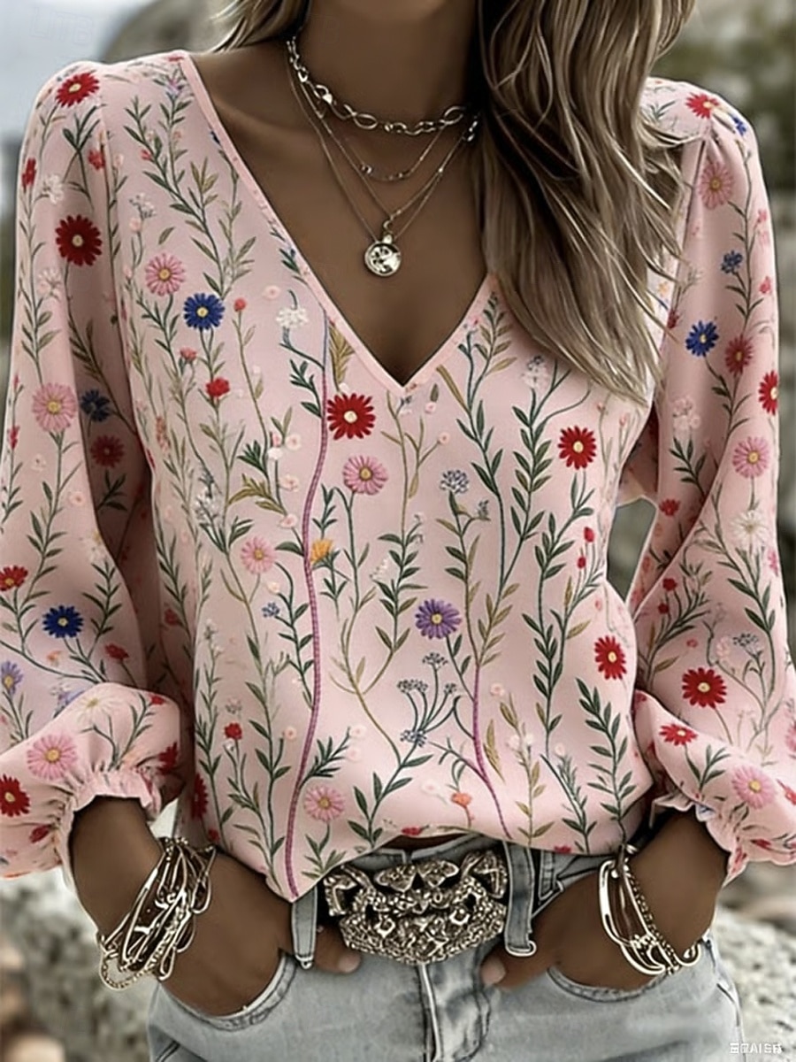 Women's Shirt Print Floral Graphic Bohemia Vacation Vintage Long Sleeve Lantern Sleeve V Neck Regular Tops Casual Daily Holiday Blue Black White Pink Summer Spring 2026 - KWD 11.99 –P3