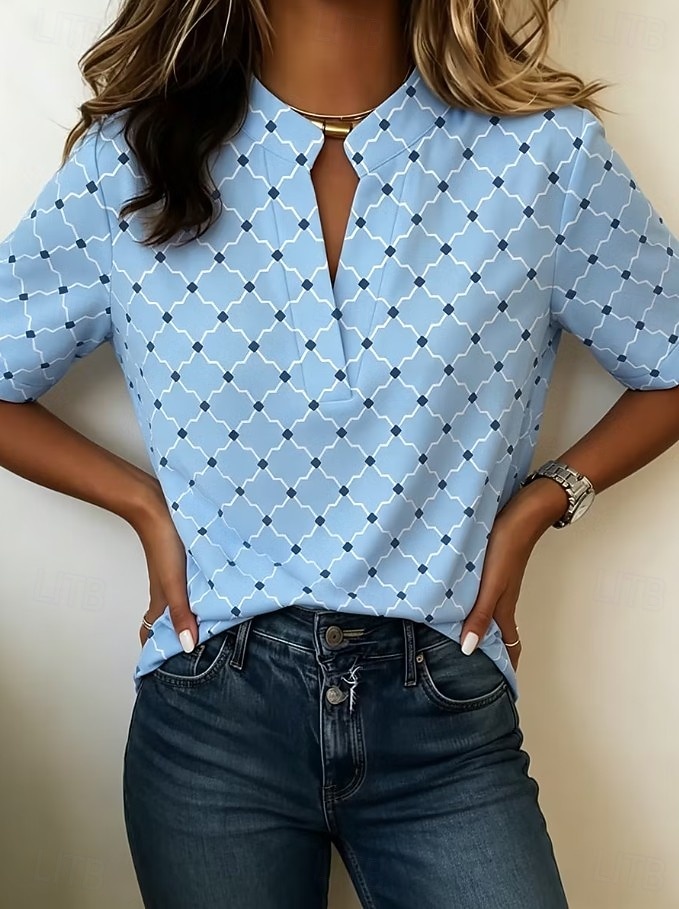 Damen Bluse Knöpfe Druck Grafik Geometrisch Vintage Stilvoll Modern Kurzarm Hemdkragen Normale Oberteile Lässig Täglich Blau Gelb Rosa Grün Sommer Frühling 2026 - $21.99 –P2