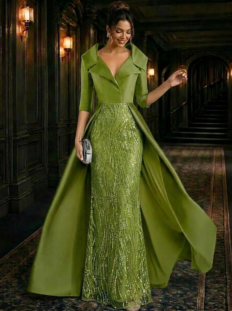 Corte A Hasta el Suelo Bordado con cuentas Vestido formal Vestido de madre de la novia Vestidos de noche Vestido de baile con sobrefalda Vestimenta formal Elegante Sedoso Manga 3/4 Cuello Camisero 2026 - $182.99 –P2
