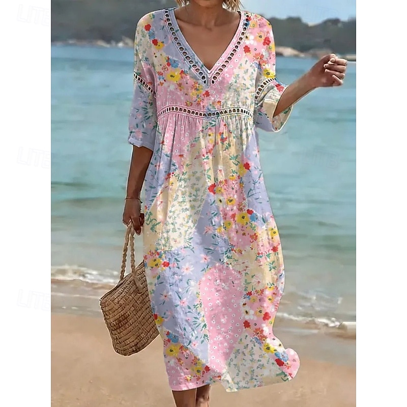 Damen Midikleid Shiftkleid Sommerkleid Urlaub Party Lässig Täglich Strand Party Lässiger Schnitt Blumen Grafik Dreiviertelarm V Ausschnitt Blau Hellgrün Rosa Rosa Sommer Frühling 2026 - $37.99 –P1