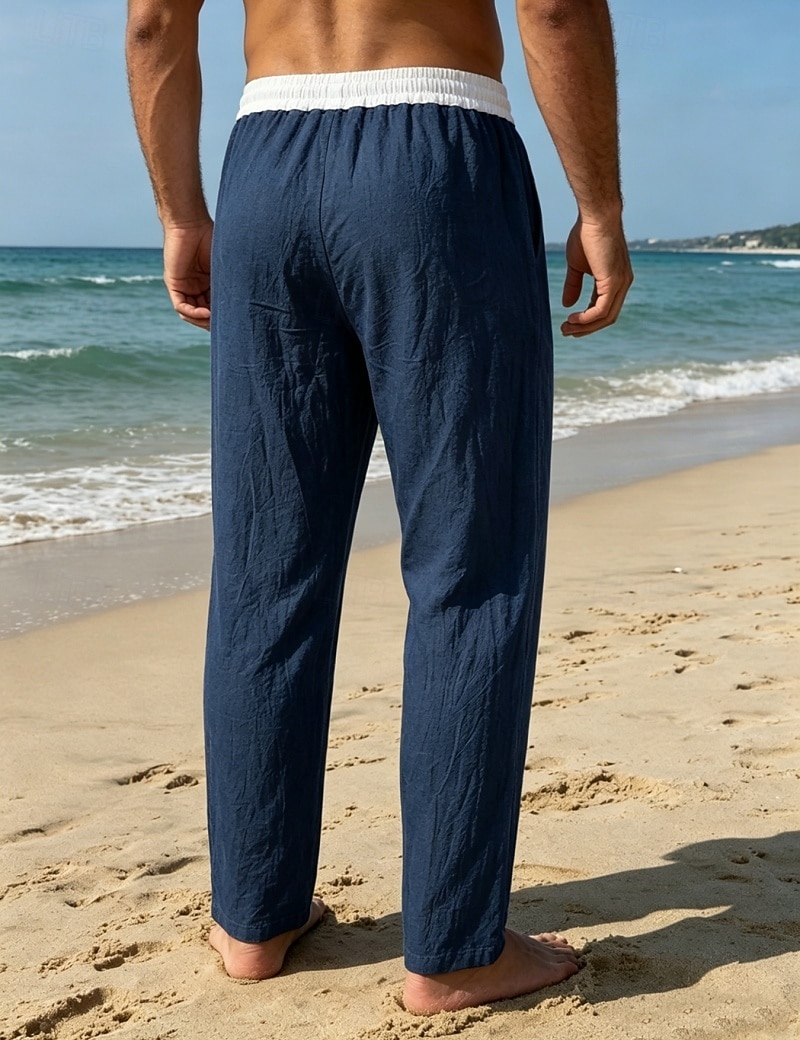 Men's Linen Pants Trousers Summer Pants Beach Pants Drawstring Pocket Elastic Waist Color Block Comfort Breathable Knee Length Daily Outdoor Beach Vacation Fashion Black White Inelastic 2026 - $26.99 –P14