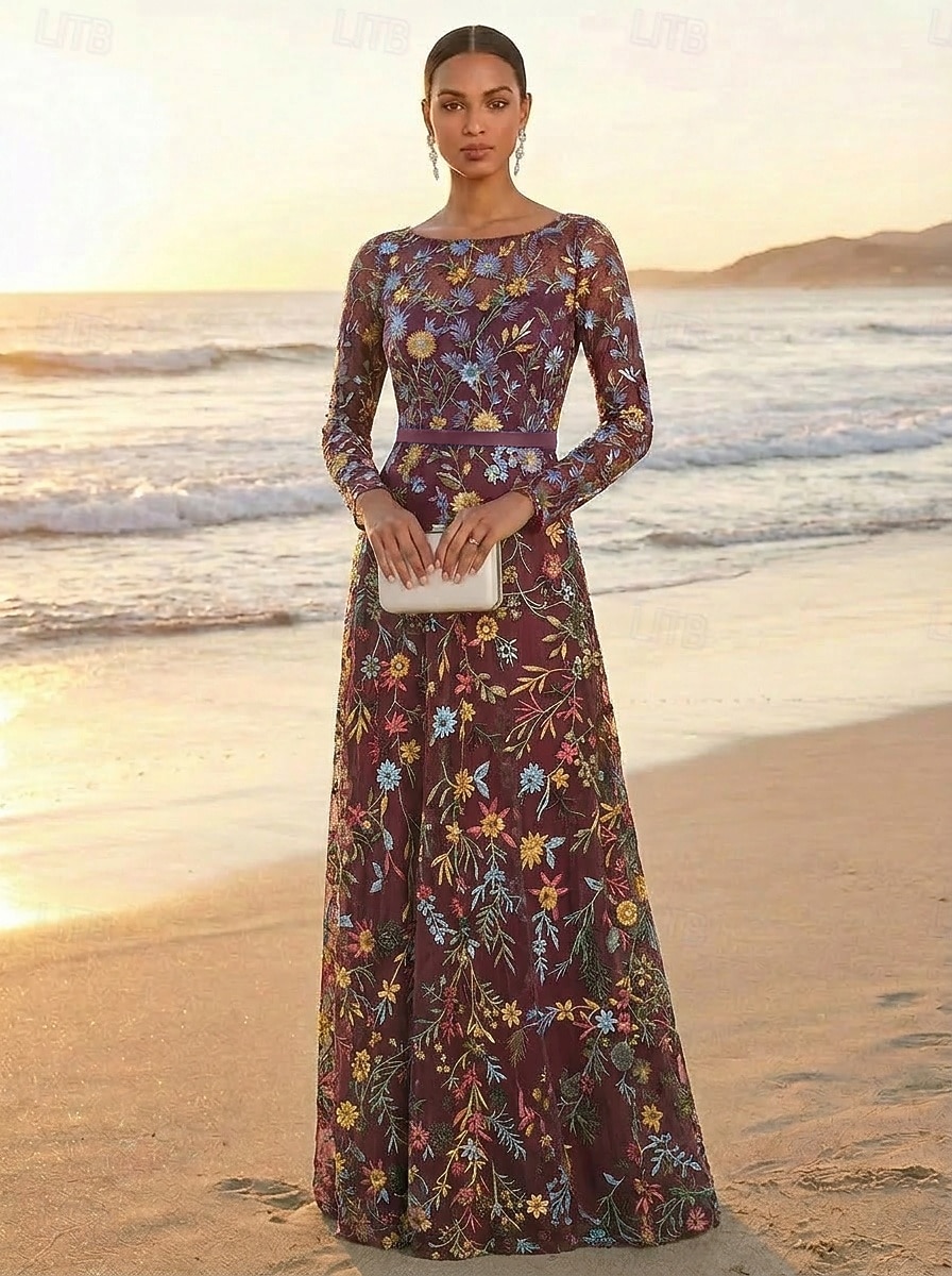 A-lijn Jurken Tot de grond Feestjurk Cocktail jurk Moeder van de bruid jurk Lange mouw Strakke ronde hals Elegant Vintage Luxueus Formeel Bruiloft gast Kentucky Derby Chiffon Tule met Borduurwerk 2026 - $182.99 –P6