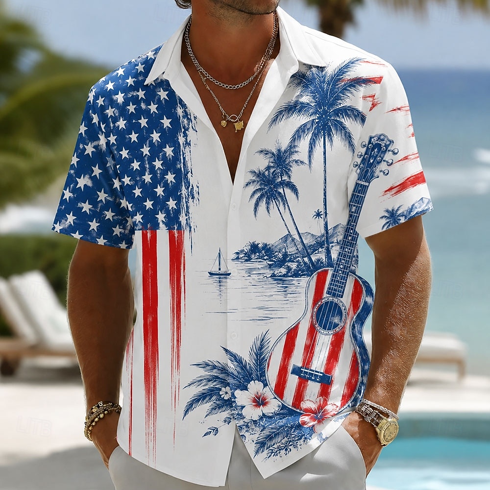 4th of July 2026 250th Men's Pano Keys American Flag Coconut Palm Shirt Summer Shirt Button Up Shirt Short Sleeve Patriotic Daily Streetwear Summer Spring Turndown 3D Print Collared Shirts Blue Blue 2026 - $25.99 –P3