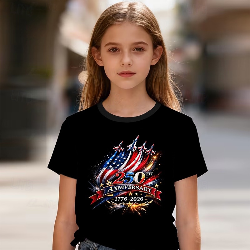 Cotton American Independence Day Kids Girls' Black Red Printed T shirt Blouse Crew Neck Short Sleeve Casual Daily Outdoor Casual Graphic Summer 2026 - $13.49 –P1