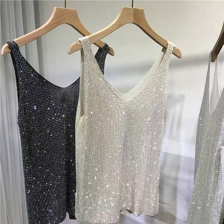 Valentine's Day Women's Camisole Tank Top Knit Rhinestone Fashion Sleeveless Crew Neck Square Neck Scoop Neck Regular Tops Holiday Black White khaki Grey Summer Spring 2026 - $21.99 –P3
