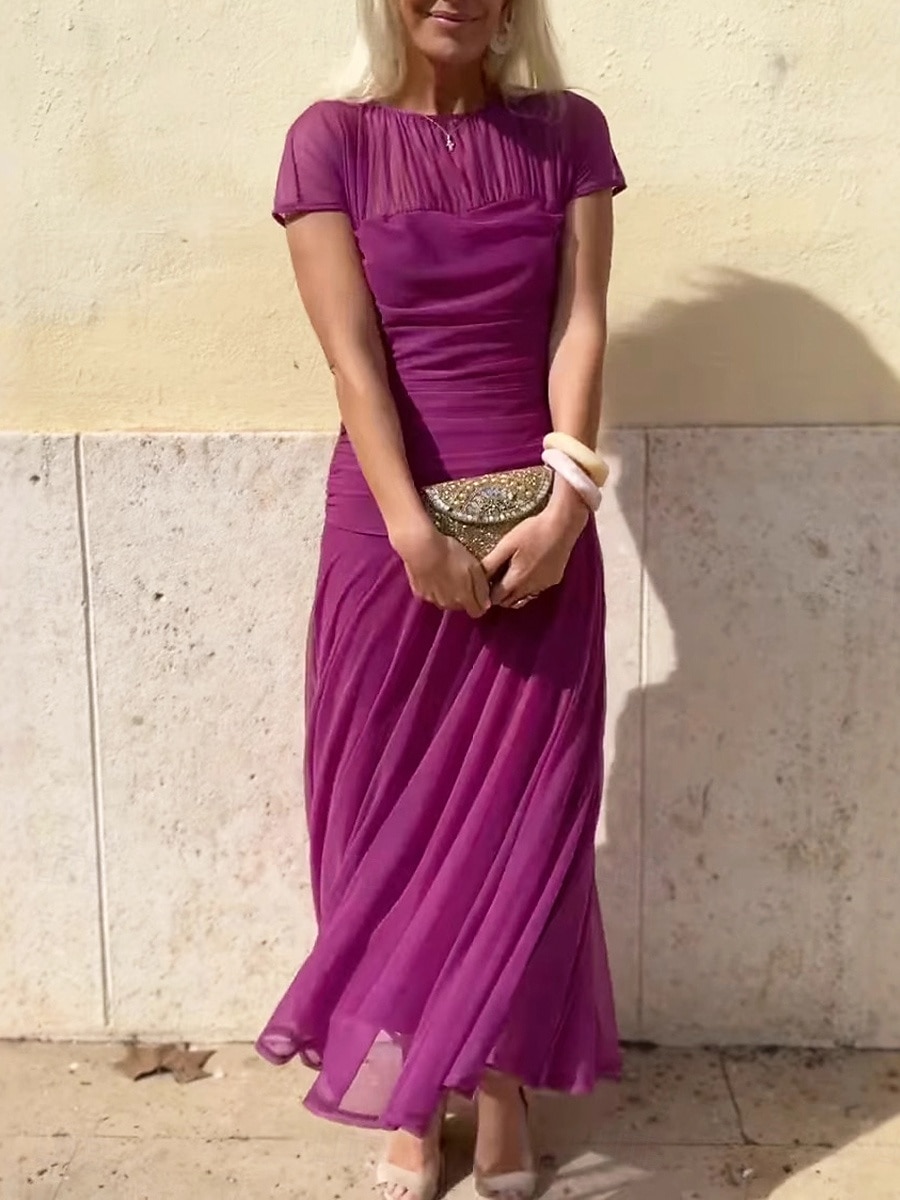 Women's Maxi Dress Chiffon Dress Prom Dress Cocktail Dress Elegant Fashion Modern Vacation Party Wedding Guest Regular Fit Plain Short Sleeve Crew Neck Red Navy Blue Purple Green Summer Spring 2026 - $29.99 –P5