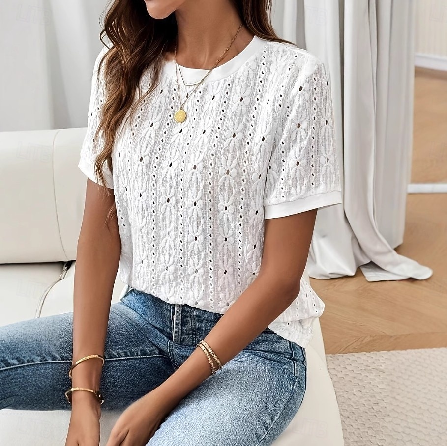 Women's Lace Tops Lace Elegant Bohemia Tropical Short Sleeve Crew Neck Regular Tops Casual Daily Going out White Summer Spring 2026 - $22.99 –P2