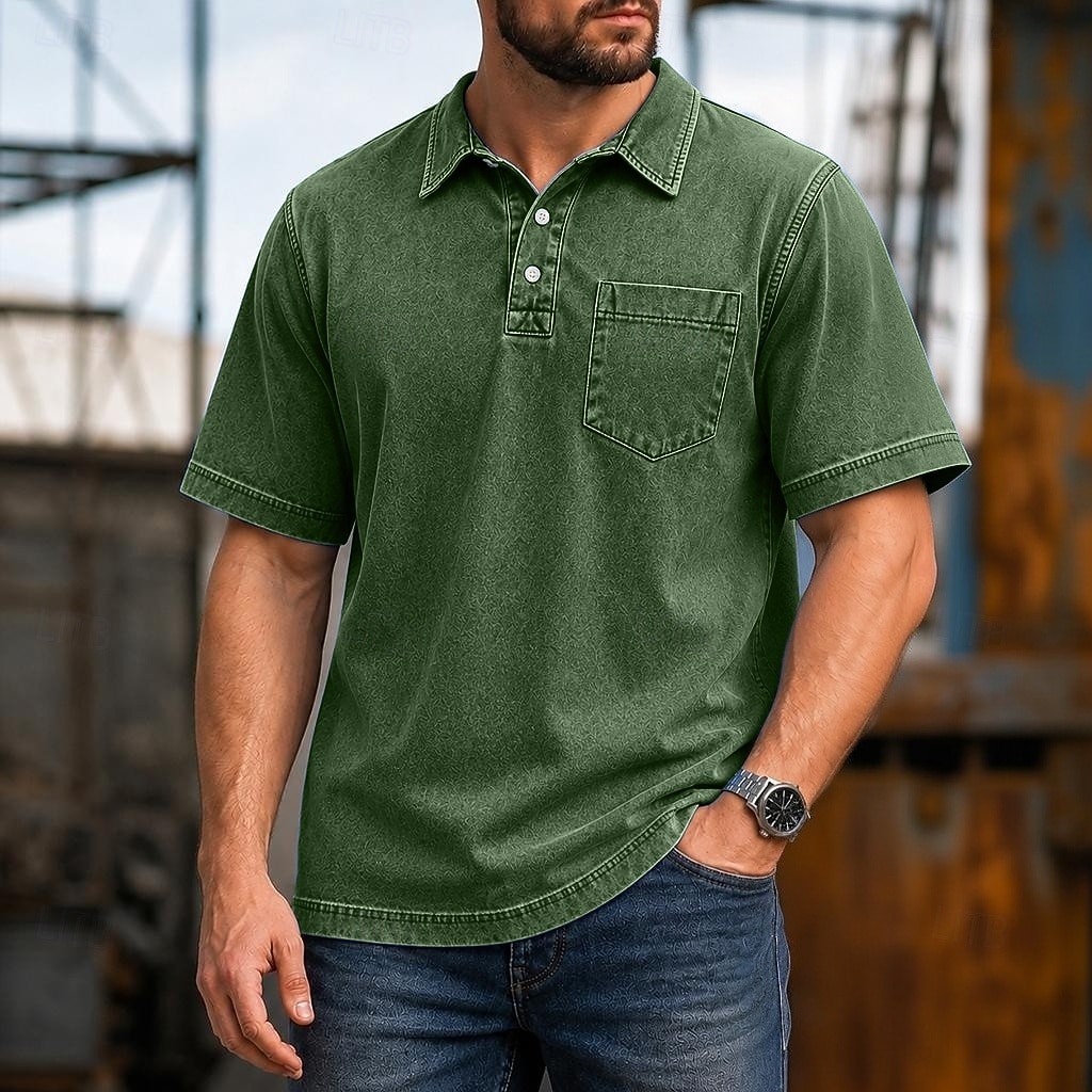 SoftFade™ Men's Polo Shirts 100% Cotton Acid Wash Shirt Casual Holiday Lapel Short Sleeve Fashion Basic Plain Pocket Distressed Summer Spring All Seasons Dark Brown Black Light Green Pink Navy Blue 2026 - $33.99 –P18
