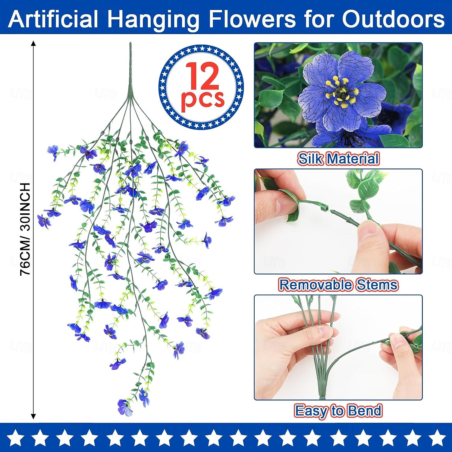 Conjunto de 12 flores artificiais patrióticas vermelhas, azuis e brancas para pendurar, decoração de varanda em comemoração ao 4 de julho, 250º aniversário da independência, arranjo floral para o Dia de 2026 por $35.99 –P3