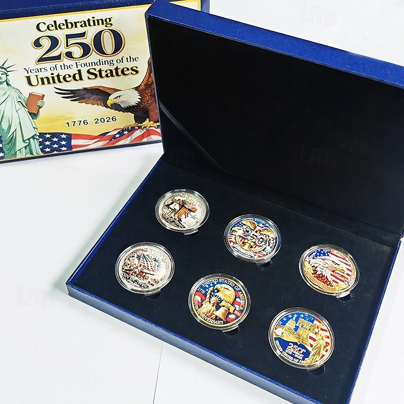 Gedenkmünzen-Set zum 250. Jahrestag der USA, 6 Münzen in Geschenkbox, patriotische Sammlermünzen für den Zeitraum 1776–2026, Souvenir zum Unabhängigkeitstag, historische amerikanische Münzen, 2026 - $39.99 –P1