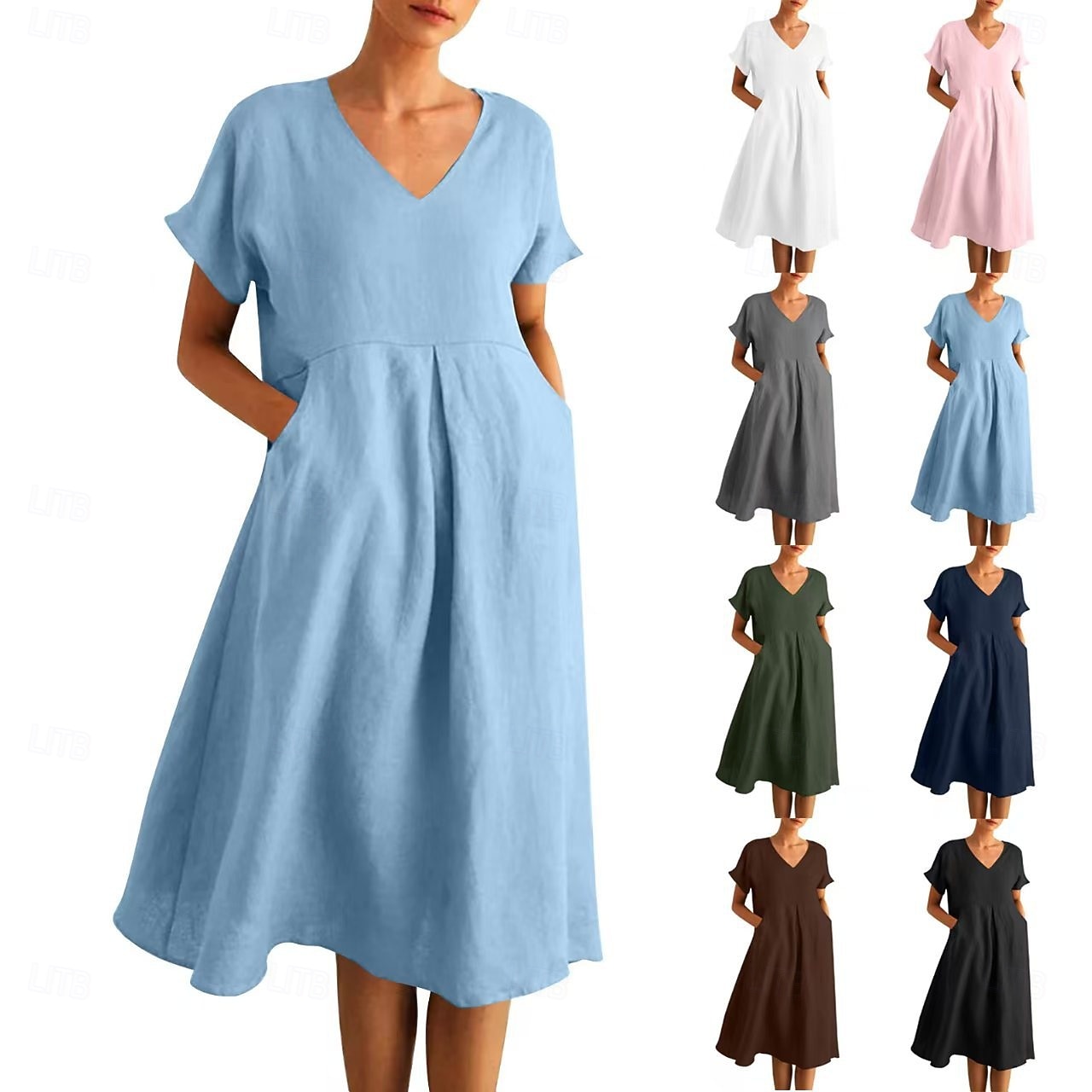 Mujer Vestido hasta la Rodilla Vestido de verano Vestido informal Vacaciones Casual Boho Playa Fiesta Cita Holgado Plano Manga Corta Escote en Pico Azul Piscina Negro Rosa Verde Trébol Verano 2026 - $33.99 –P8