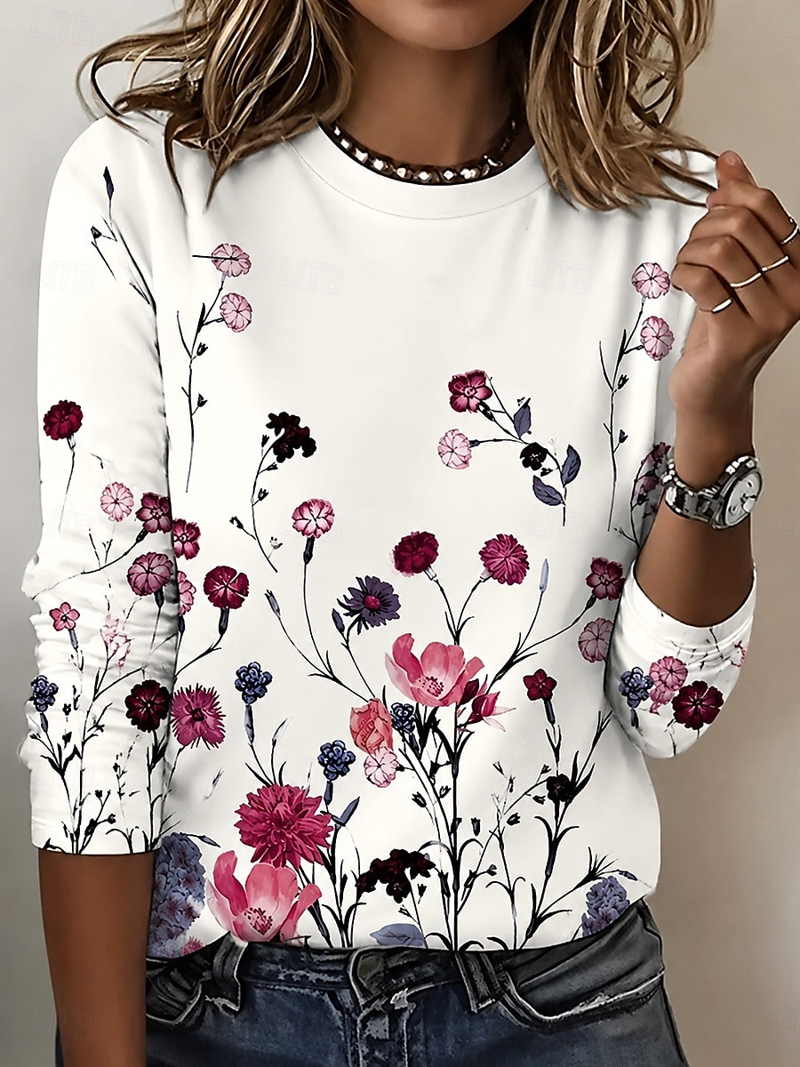 Ostern Damen T Shirt Druck Blumen Grafik Pflanzen Stilvoll Klassisch Modern Langarm Rundhalsausschnitt Rundhals Normale Oberteile Lässig Täglich Wochenende Weiß Leicht Rosa Grün Beige Sommer Frühling 2026 - $24.99 –P7