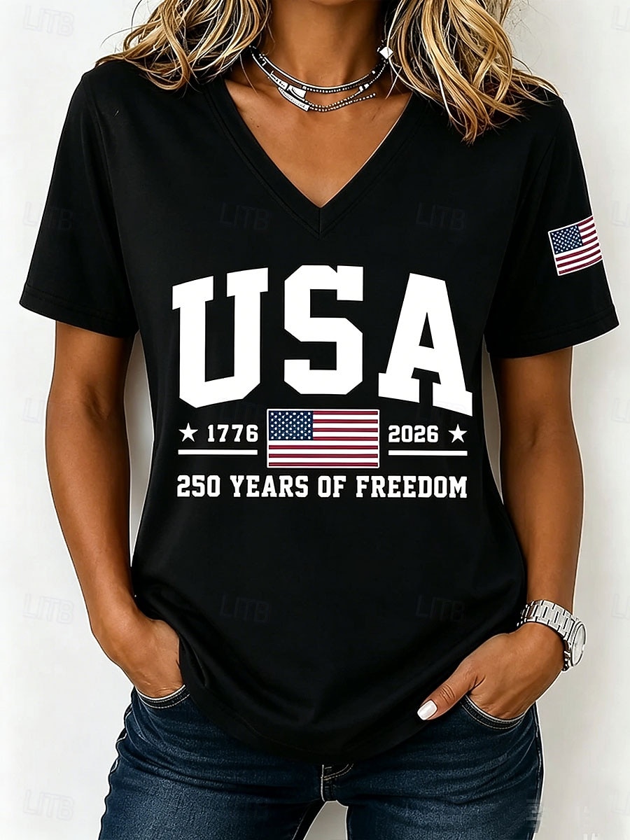 American Independence Day Women's T Shirt Print Graphic Letter American Flag Vintage Stylish Classic Short Sleeve V Neck Regular Tops Casual Daily Black Red Green Summer Spring 2026 - $21.99 –P5