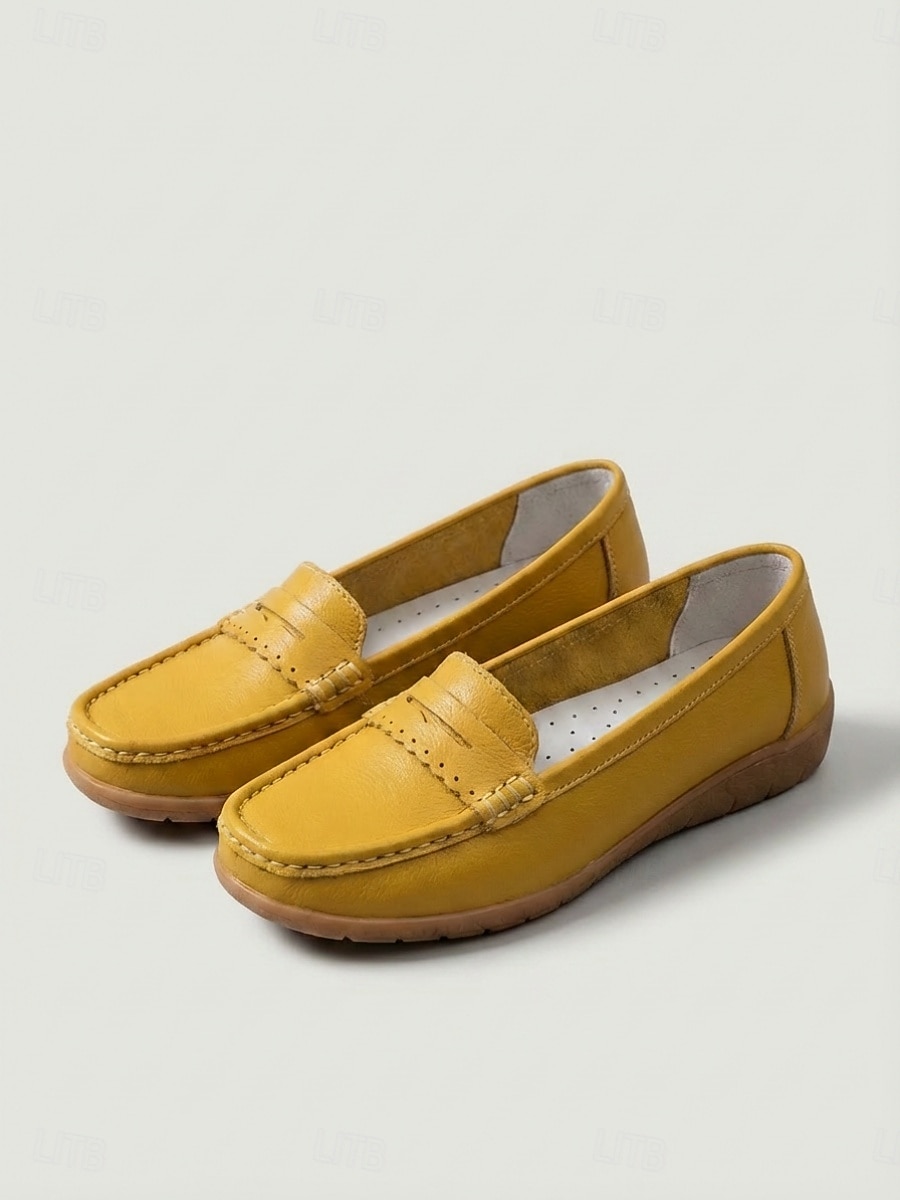 Women's Yellow Classic Moccasin Loafers - Soft Microbial Leather Slip-On Flats with Non-Slip Sole, Lightweight Comfort Walking Shoes for Work, Travel, Driving and Daily Wear 2026 - $32.99 –P3
