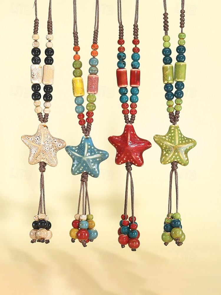 Naszyjnik z wisiorkiem w kształcie gwiazdy w stylu boho dla kobiet, ręcznie robione kolorowe ceramiczne koraliki, regulowana biżuteria na długim łańcuszku na ogrodowe przyjęcie, wakacje na plaży, 2026 - $9.99 –P2