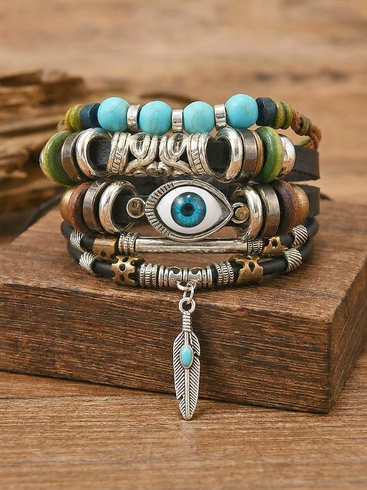 Σετ ανδρικών δερμάτινων βραχιολιών boho - πολυστρωματικό στοιβαζόμενο βραχιόλι με τυρκουάζ &γούρι με φτερά, ρυθμιζόμενο έθνικ πλεκτό ρούχο για καλοκαιρινές διακοπές στην παραλία &καθημερινή 2026 - $9.99 –P3