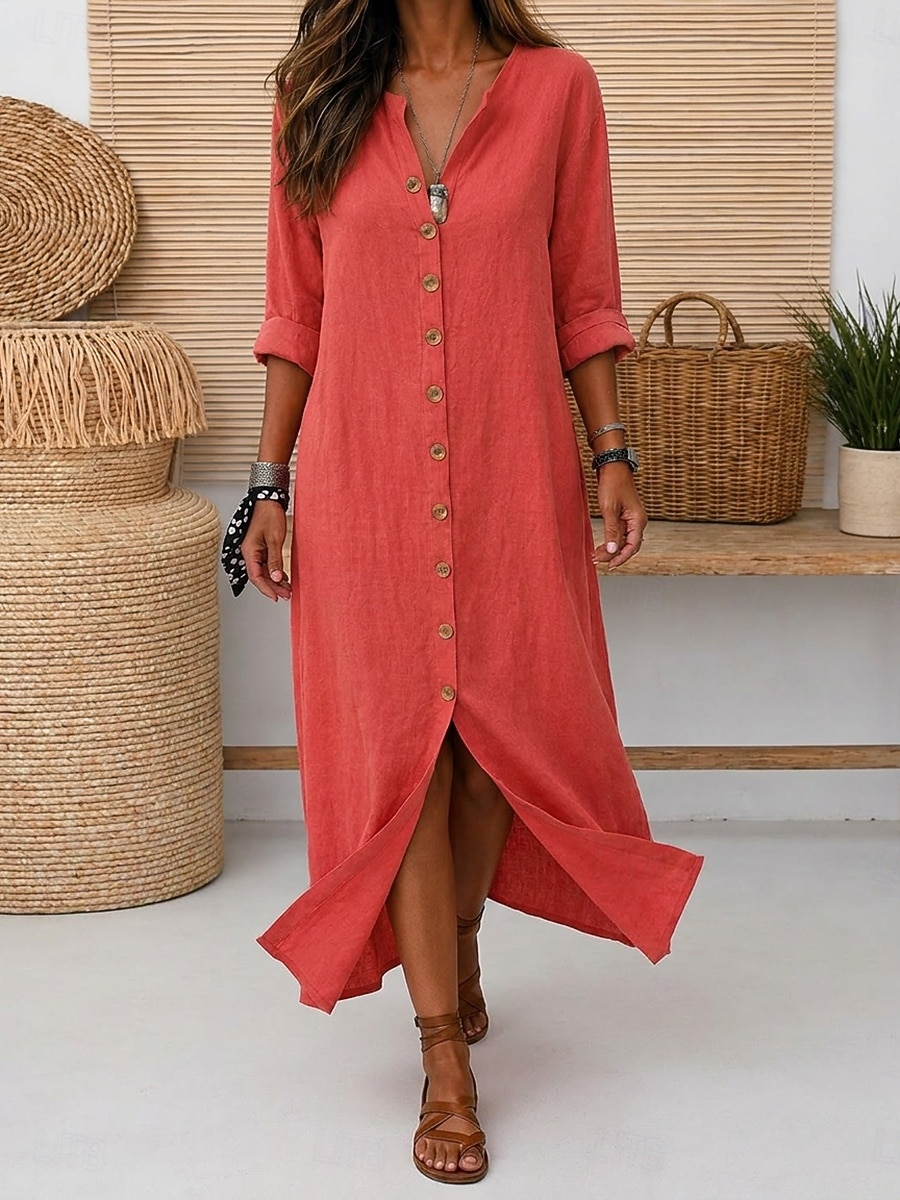 Dames Maxi-jurk Linnen jurken Vintage Dagelijks Ruim Passend Heldere kleur Lange mouw V-hals Rood Zomer 2026 - $15.99 –P8