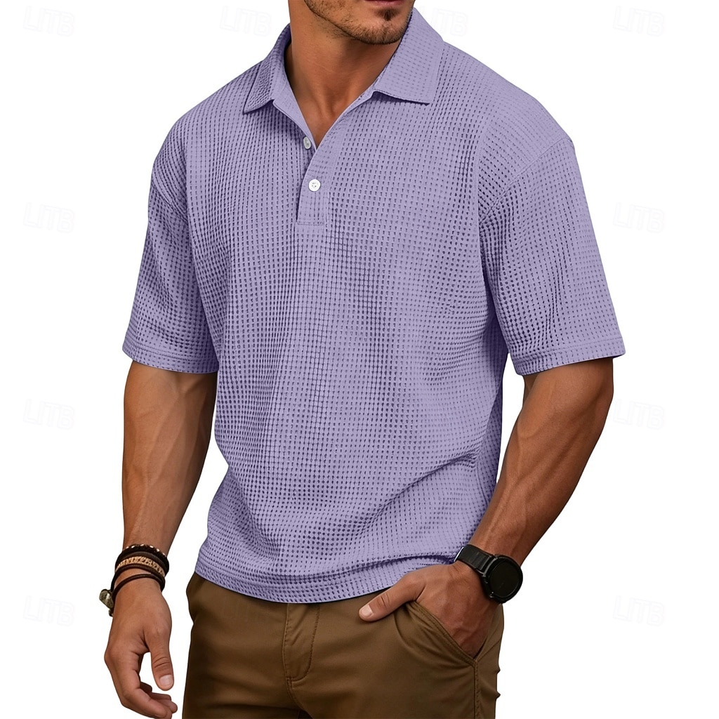 Homens Camisas Polo Waffle Textura Casual Rua Lapela Manga Curta Básico Moderno Tecido Leve Botões Verão Primavera Ajuste Largo Azul Preto Branco Verde Claro Vinho Azul Marinha Camisas Polo Waffle de 2026 por $21.99 –P8