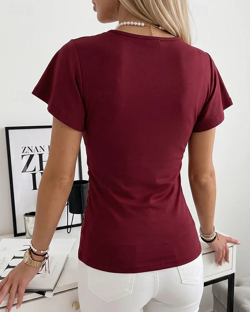 Mulheres Blusa Franzido Tecido Vintage à moda Básico Manga Curta Decote V Tops regulares Casual Diário Preto Vermelho Marron Cinzento Verão Primavera de 2026 por $24.99 –P3
