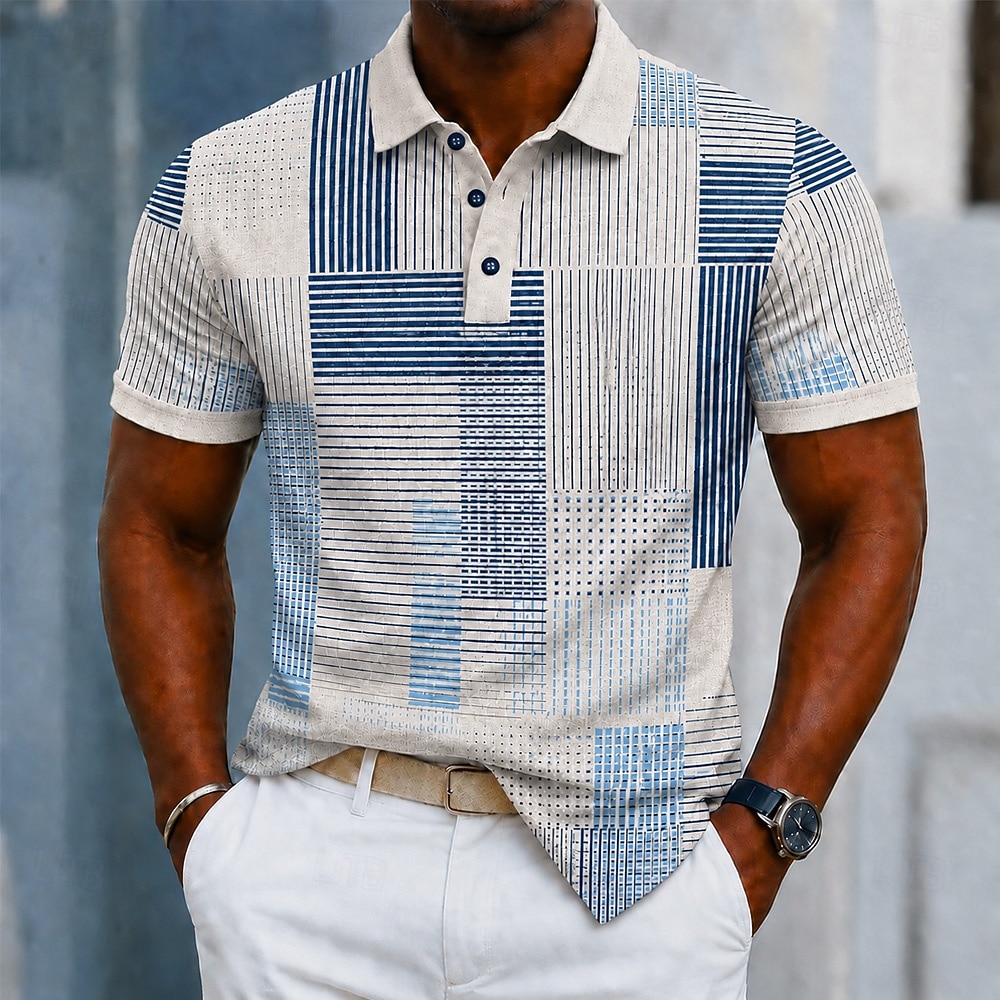 Per uomo Blocco di colori Geometrico Polo Manica Corta Magliette polo Camicie con Colletto Casual Athleisure Stampa 3D Bottoni Tessuto retato traspirante Estate Primavera Blu Viola Marrone del 2026 a $22.99 –P5