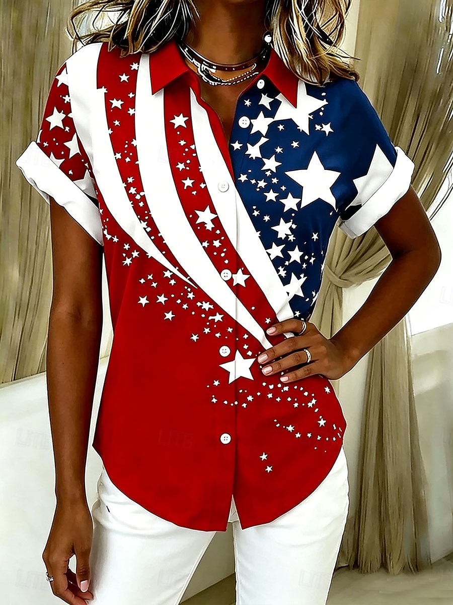 American Independence Day Women's Shirt Short Sleeve Graphic Flag Vintage Stylish Casual Shirt Collar Regular Tops Daily White Red Summer Spring 2026 - $11.49 –P3