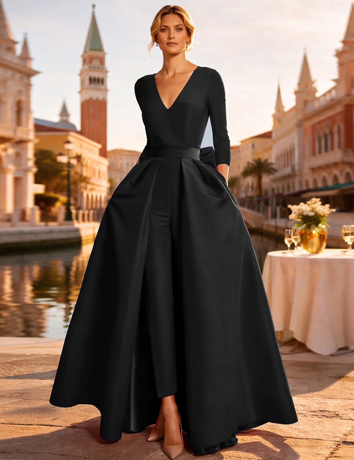 Dos Piezas Mono Hasta el Suelo Desmontable Vestidos de noche Elegante Manga Larga Escote en Pico Boda Invitado a la boda Bolsillo Tejido elástico con Mariposa 2026 - $160.99 –P17