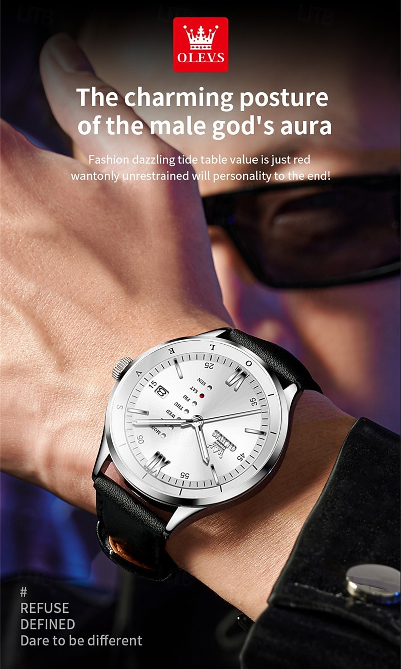 OLEVS Men's Luxury Watch Business Fashion Quartz Wristwatch Waterproof Leather Strap Blue Sunray Dial with Unique Day Date Display Luminous Hands Roman Numerals Dress Watch for Male Gift 2026 - $31.99 –P22