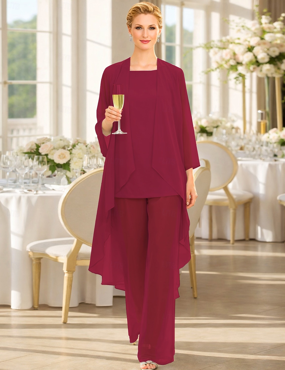Traje de pantalón Traje de 3 piezas Hasta el Suelo Vestido de Madrina Sin Mangas Barco de cuello Elegante Talla Grande Bolero incluido Invitado a la boda Gasa Vestidos de chaqueta con Un Color 2026 - $137.99 –P13