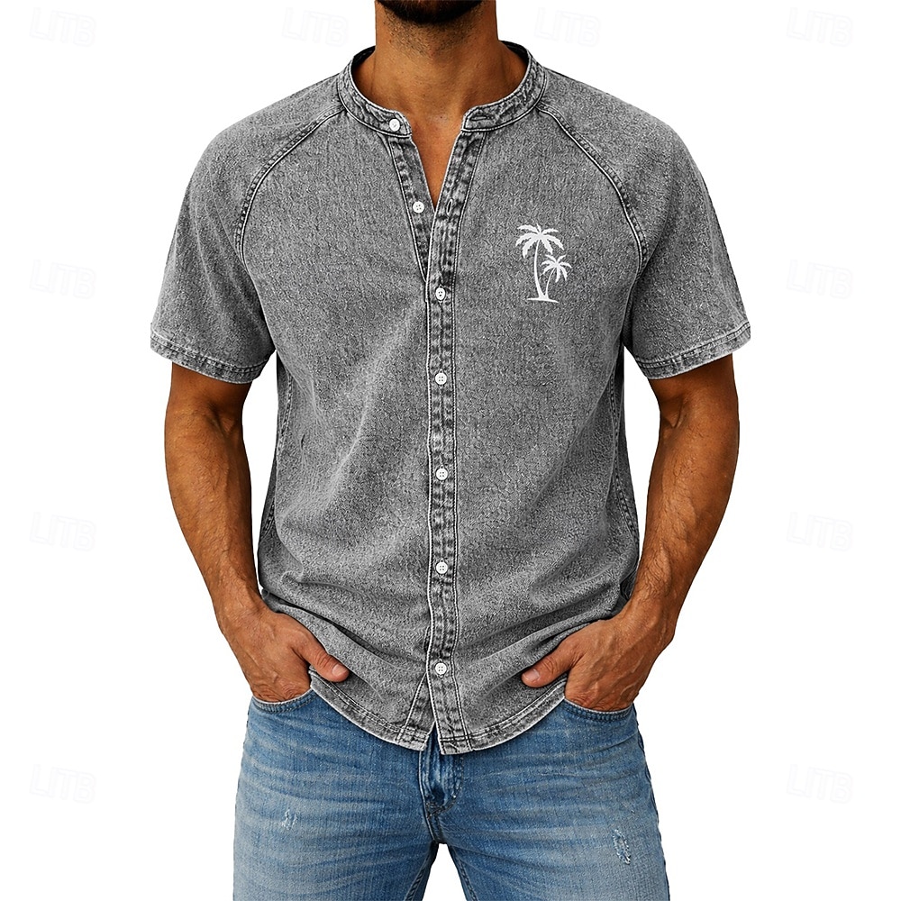 Men's Shirt Casual Shirt Button Up Shirt Garment Dyed Acid Wash Shirt Light Green Pink khaki Gray Light Blue Short Sleeve Plain Grandad Collar Casual Daily Clothing Apparel Elegant Fashion Casual 2026 - $31.99 –P8