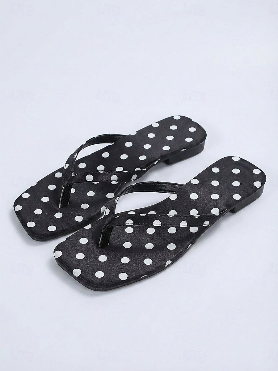 Women's Chic Polka Dot Flip Flops - Elegant Square Toe Thong Sandals ...
