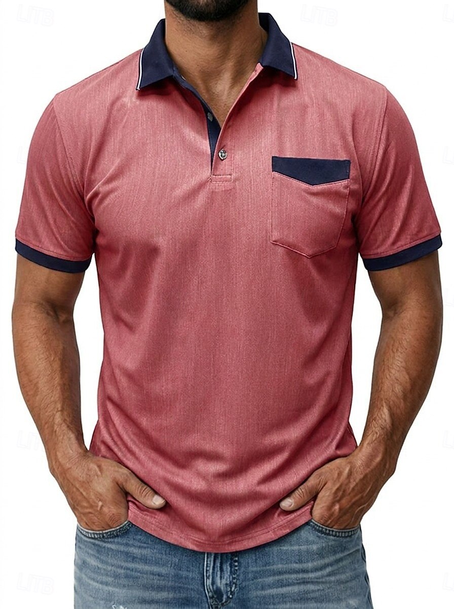 Bărbați Tricouri polo Camasa de blugi Casual Stradă Rever Guler polo cu nervuri Manșon scurt De Bază Modern Simplu Buzunar Bloc de Culoare Vară Primăvară Fit regulat Albastru piscină Negru 2026 - $29.99 –P9