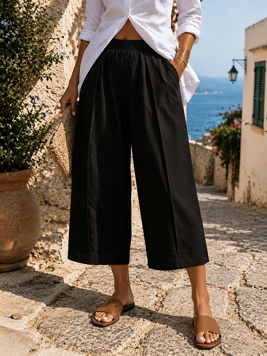 Mujer Pantalones Capri Perneras anchas Vacaciones Casual Capris Alta cintura PEC Negro Amarillo Caqui Verano 2026 - $26.99 –P2
