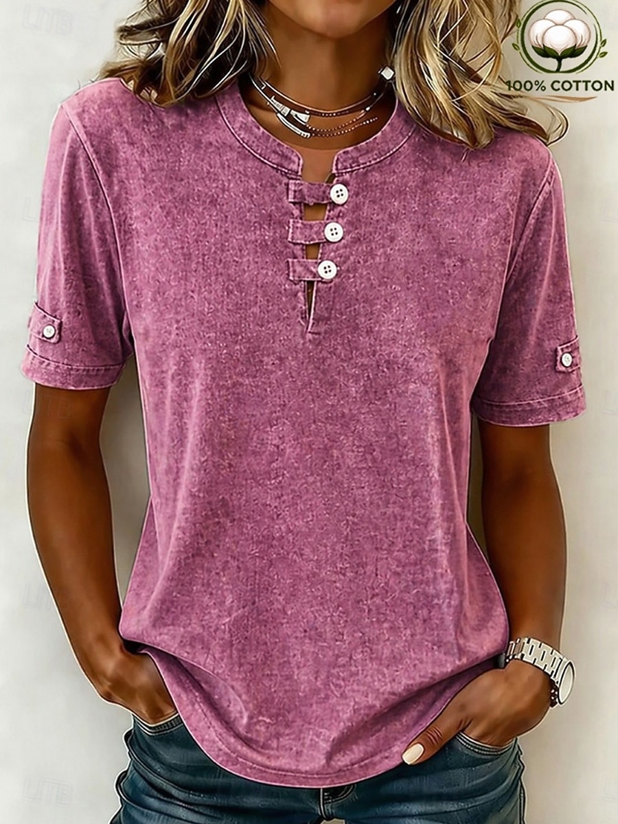 softfade™ maglietta henley da donna 100% cotone stile vintage alla moda elegante maniche corte top lunghi casual spiaggia blu rosa grigio estate primavera del 2026 a $15.99 –P19
