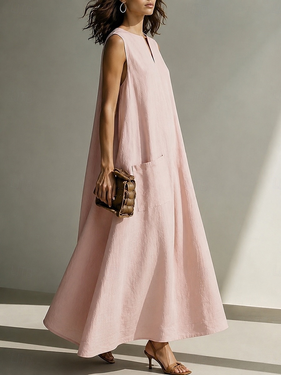 Women's  Vintage Boho Faux Cotton LinenBeach Loose Fit Plain Sleeveless Split Neck Maxi Dress Summer Spring 2026 - $25.99 –P4
