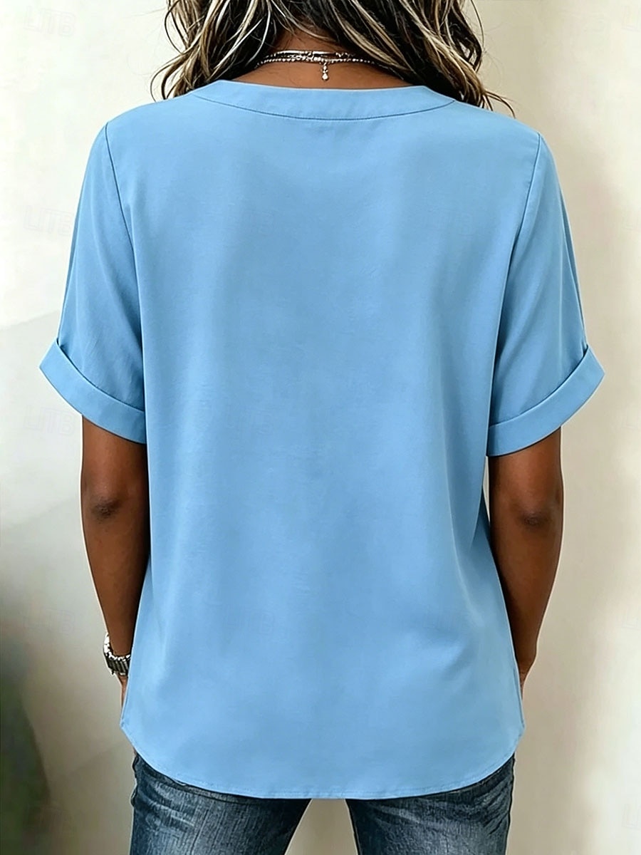 Mujer Blusa Color sólido Vintage Elegante Básico Manga Corta Escote en Pico Tops regulares Casual Diario Blanco Rosa Rojo Morado Verano Primavera 2026 - $26.99 –P2