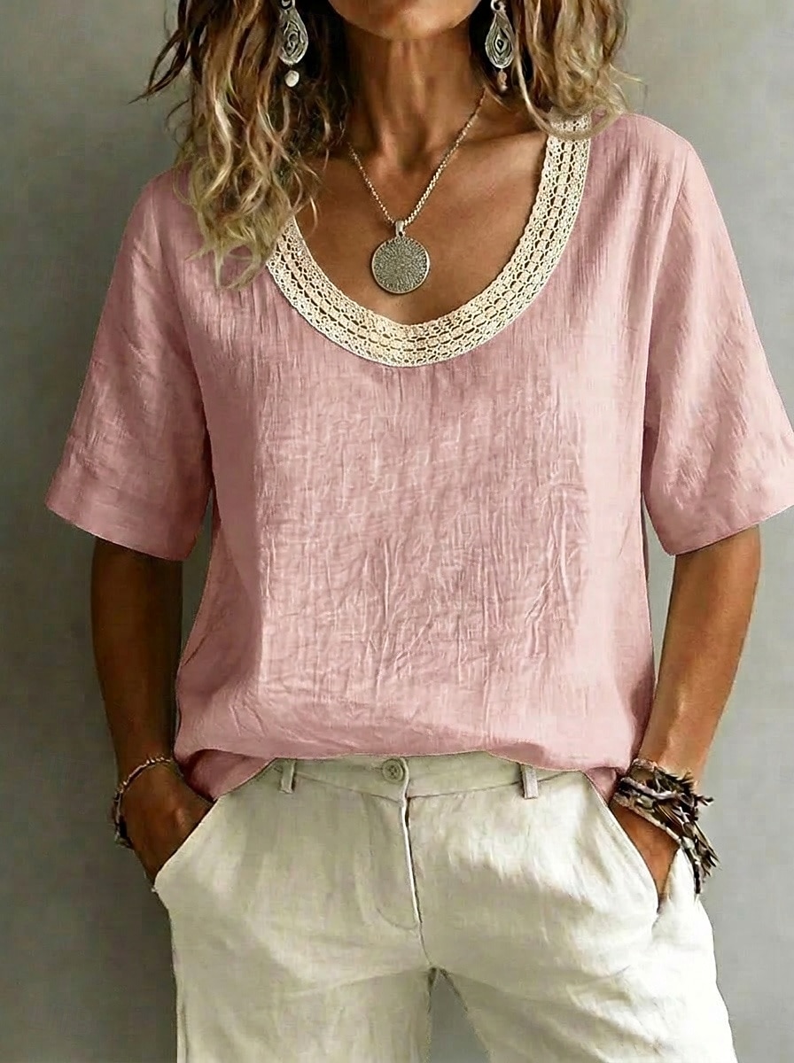 Damen Bluse Spitzentops Spitze Einfarbig Elegant Vintage Kurzarm U-Ausschnitt Normale Oberteile Lässig Strand Sommer Schwarz Weiß Rosa Himmelblau Grün Sommer Frühling 2026 - $21.99 –P3