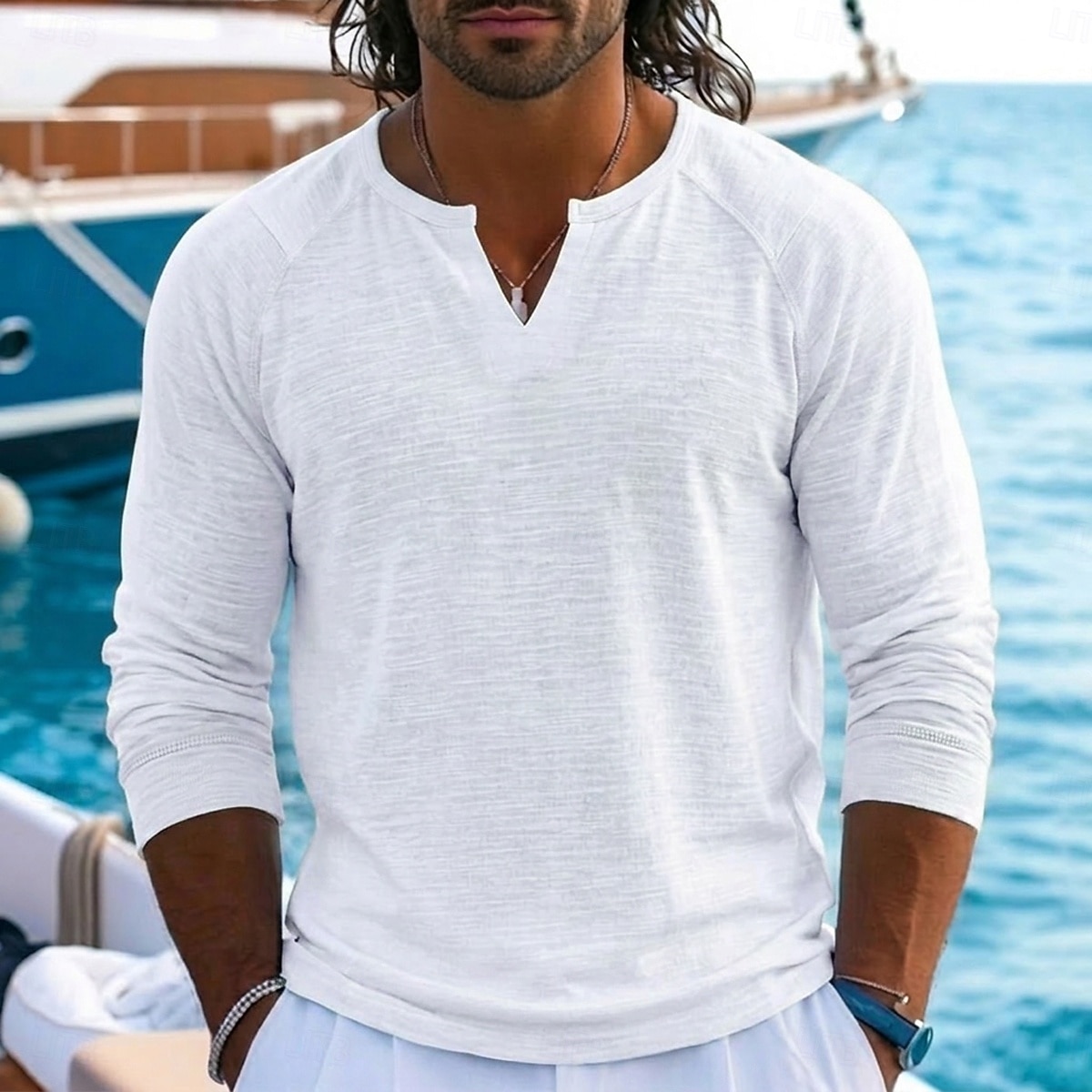 Men's Linen T-Shirt Long Sleeve V Neck Notched Spring & Summer Summer Spring Solid Color Plain Vintage Bohemian Casual See Through Raglan Sleeves Casual Vacation Street Black White Light Green Top 2026 - $20.99 –P5