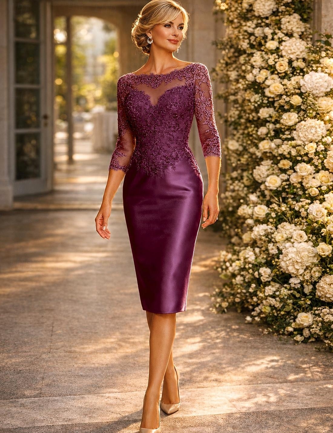 Coloană Teacă Lungime Genunchi Rochie de petrecere Rochie de Cocktail Rochie pentru invitata de nunta Rochie Mama Miresei Lungime Manșon 3/4 Bijuterie Elegant Invitat la nunta Charmeuse cu Aplică 2026 - $172.99 –P14