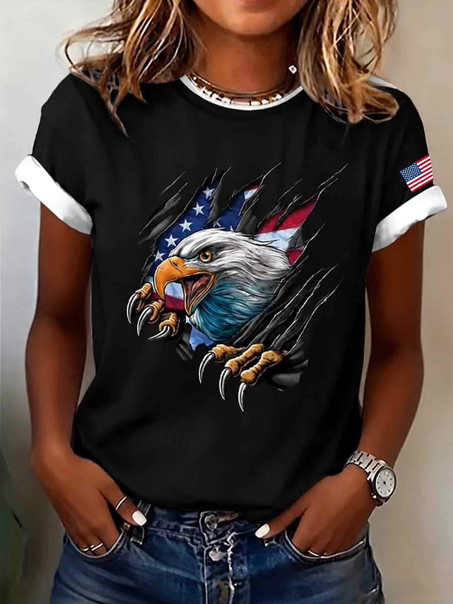 American Independence Day Women's T Shirt Print Graphic National Flag Vintage Stylish Classic Short Sleeve Crew Neck Regular Tops Casual Daily Weekend Blue Black White Pink Red Summer Spring 2026 - $21.99 –P3