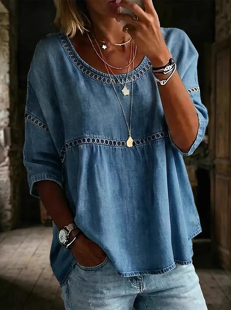 Mulheres Blusa Algodão T-shirt Vazado Tecido Vintage à moda Moderno Meia Manga Gola Redonda Tops regulares Casual Diário Verão Azul Branco Rosa Azul Céu Verde Verão Primavera de 2026 por $14.49 –P3