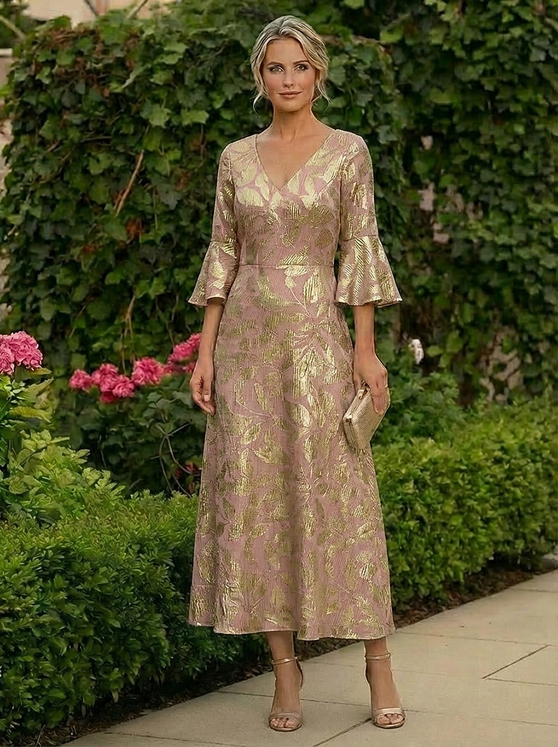 A-Line Ankle Length Tea Length Cocktail Dress Wedding Guest Dress Mother of the Bride Dress 3/4 Length Sleeve V Neck Elegant Formal Semi Formal Jersey with Floral Print Pleats 2026 - $159.99 –P4