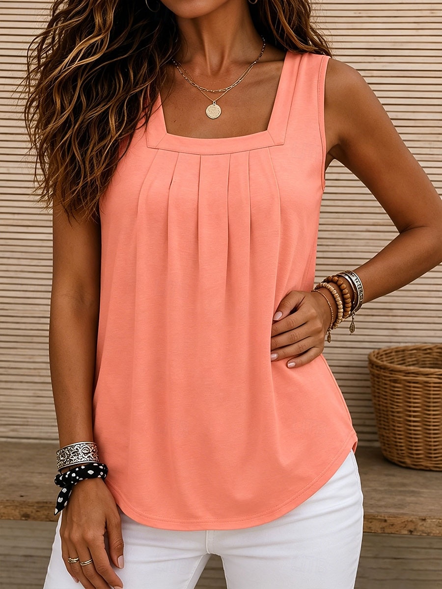 Mujer Tanque Color sólido Vintage Elegante Básico Sin Mangas Escote Cuadrado Tops regulares Casual Diario Azul Piscina Blanco Naranja Verde Trébol Gris Verano Primavera 2026 - $21.99 –P7