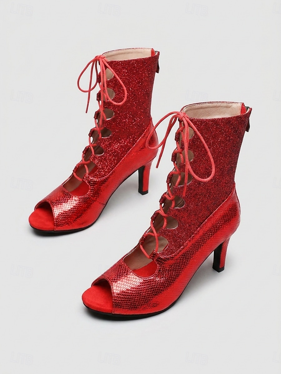 Botas de dança latina femininas vermelhas com glitter – sapatos de salto alto com cadarço e bico aberto para salsa e dança de salão. &dança de tango de 2026 por $64.99 –P2